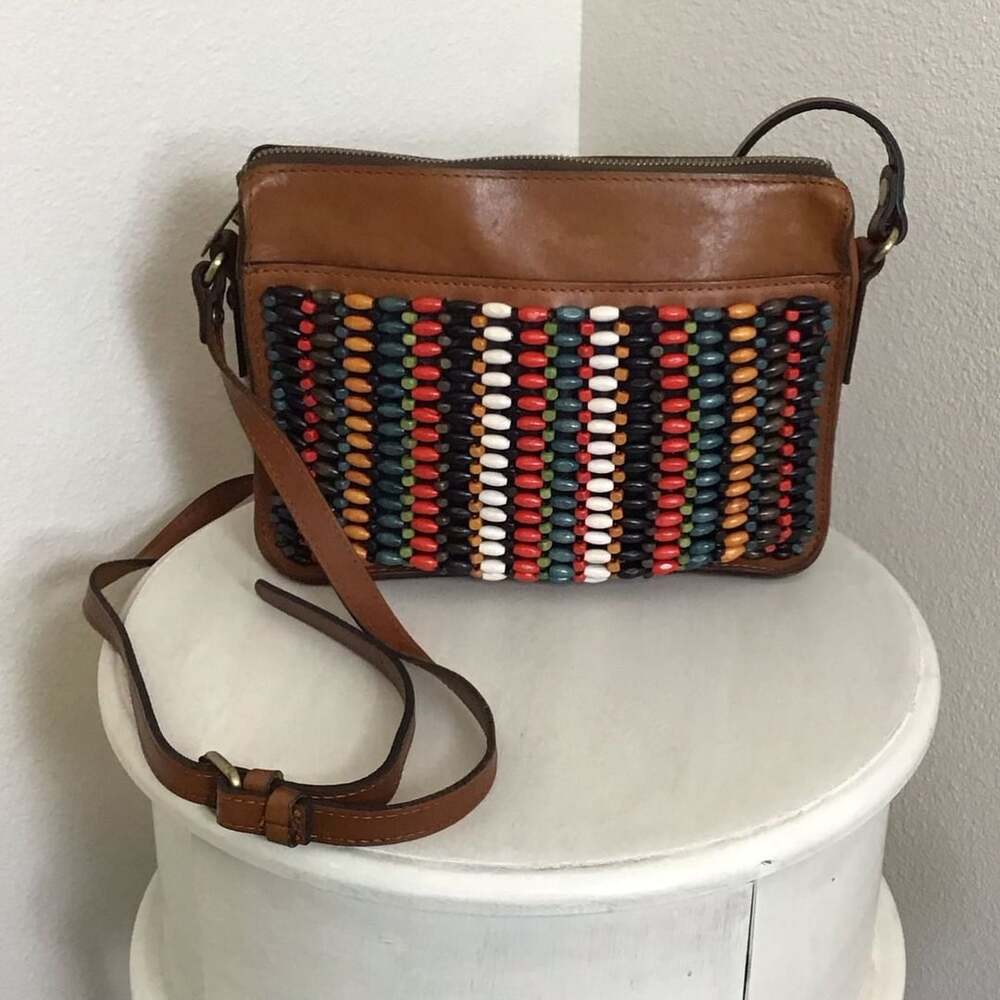 Patricia Nash Leather with Bright Wooden Bead Front Top Zip Crossbody Bag